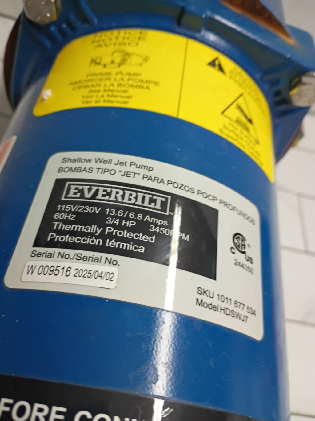 Everbilt HDSWJ7 3/4 HP Cast Iron Shallow Well Jet Pump *For Parts *