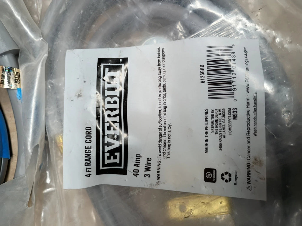 (6Pack) Everbilt 61256HD 4 ft. 40 Amp 3 Wire 6/8 3-Wire Electric Range Plug, OB,
