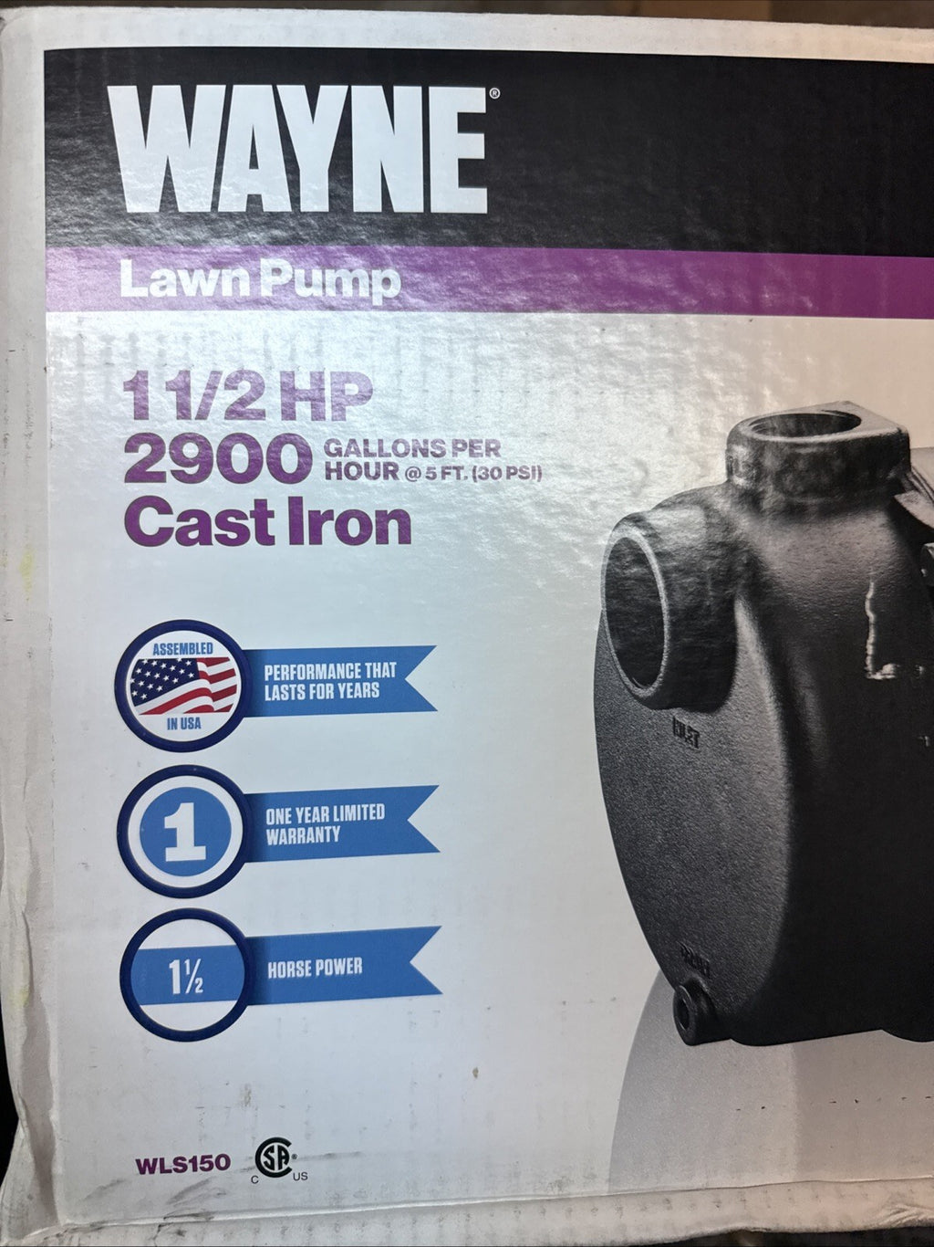 Wayne WLS150 1-1/2 HP Cast Iron Quick-Prime Lawn-irrigation Sprinkler Pump. NOB