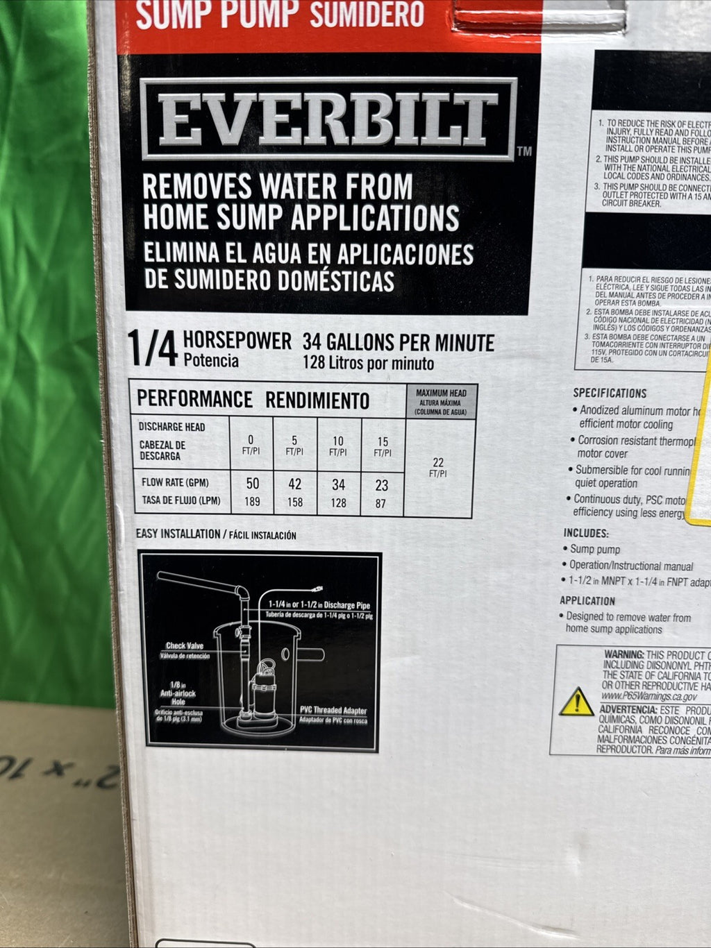 Everbilt 1/4 HP Aluminum Sump Pump w/ Tether Float Switch HDSP25W NEW OPEN BOX—-