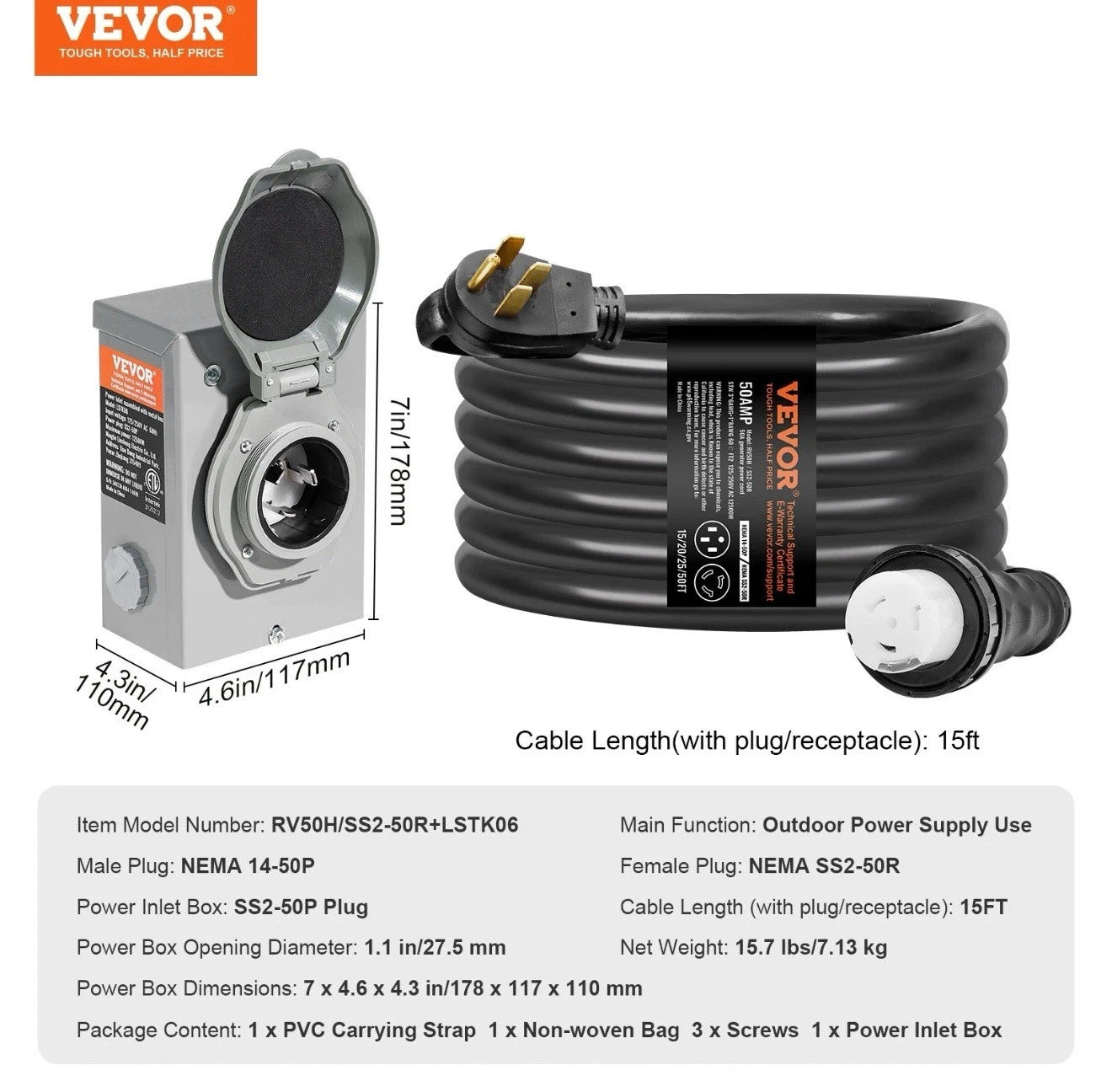 VEVOR 50 Amp Generator Cord and Power Inlet Box 15FT, NEMA 14-50P/SS2-50R STW