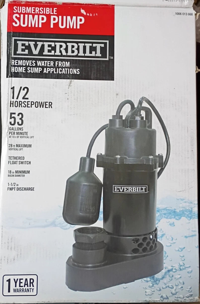 Everbilt HDSP50W 1/2 HP Submersible Aluminum Sump Pump with Tethered Switch Used