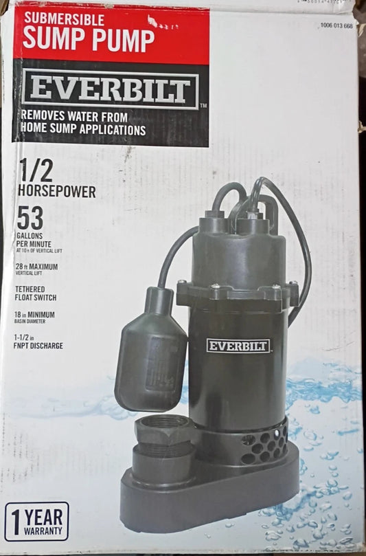 Everbilt HDSP50W 1/2 HP Submersible Aluminum Sump Pump with Tethered Switch Used
