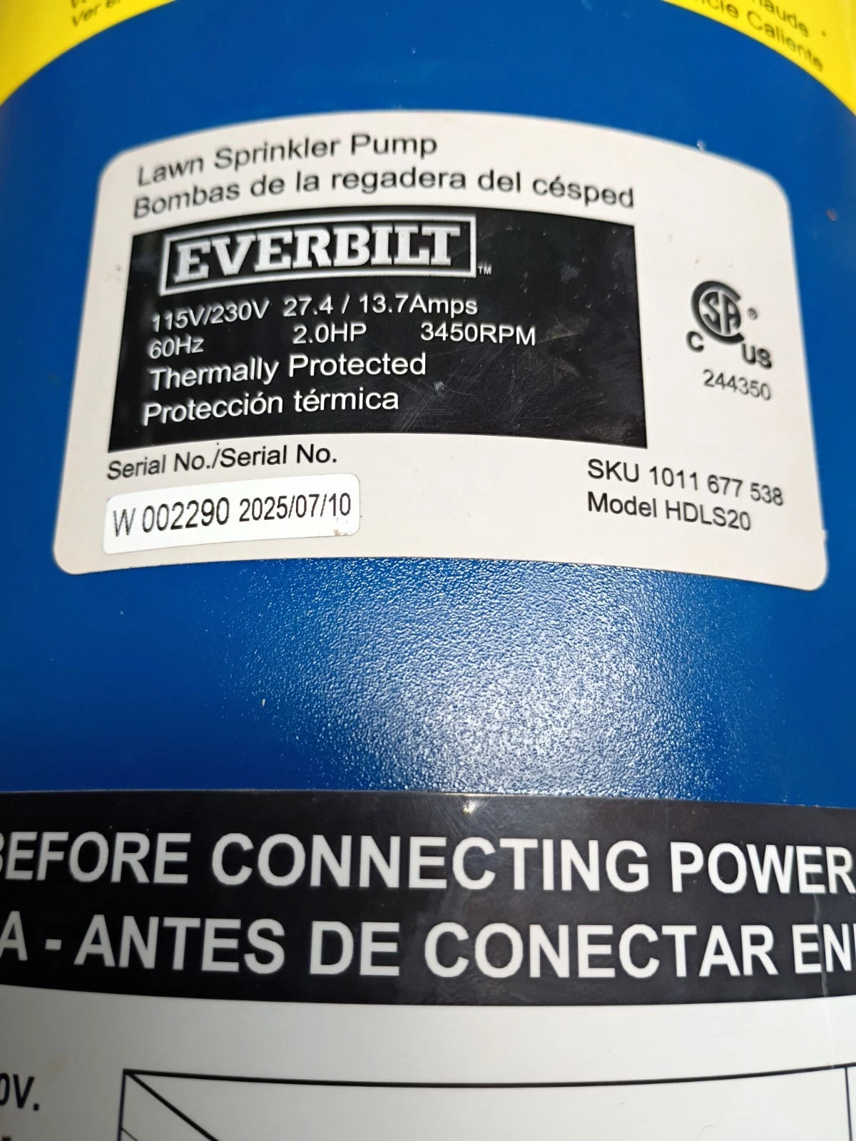 Everbilt Professional Irrigation Pump Cast Iron 2 HP Dual Voltage, HDLS20 PARTS