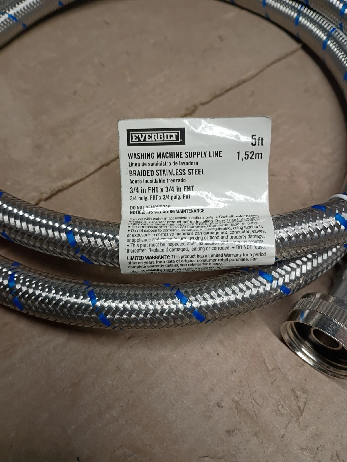 2 Pk Everbilt Washing Machine Supply Lines 3/4" FHT x 3/4" FHT x 5FT
