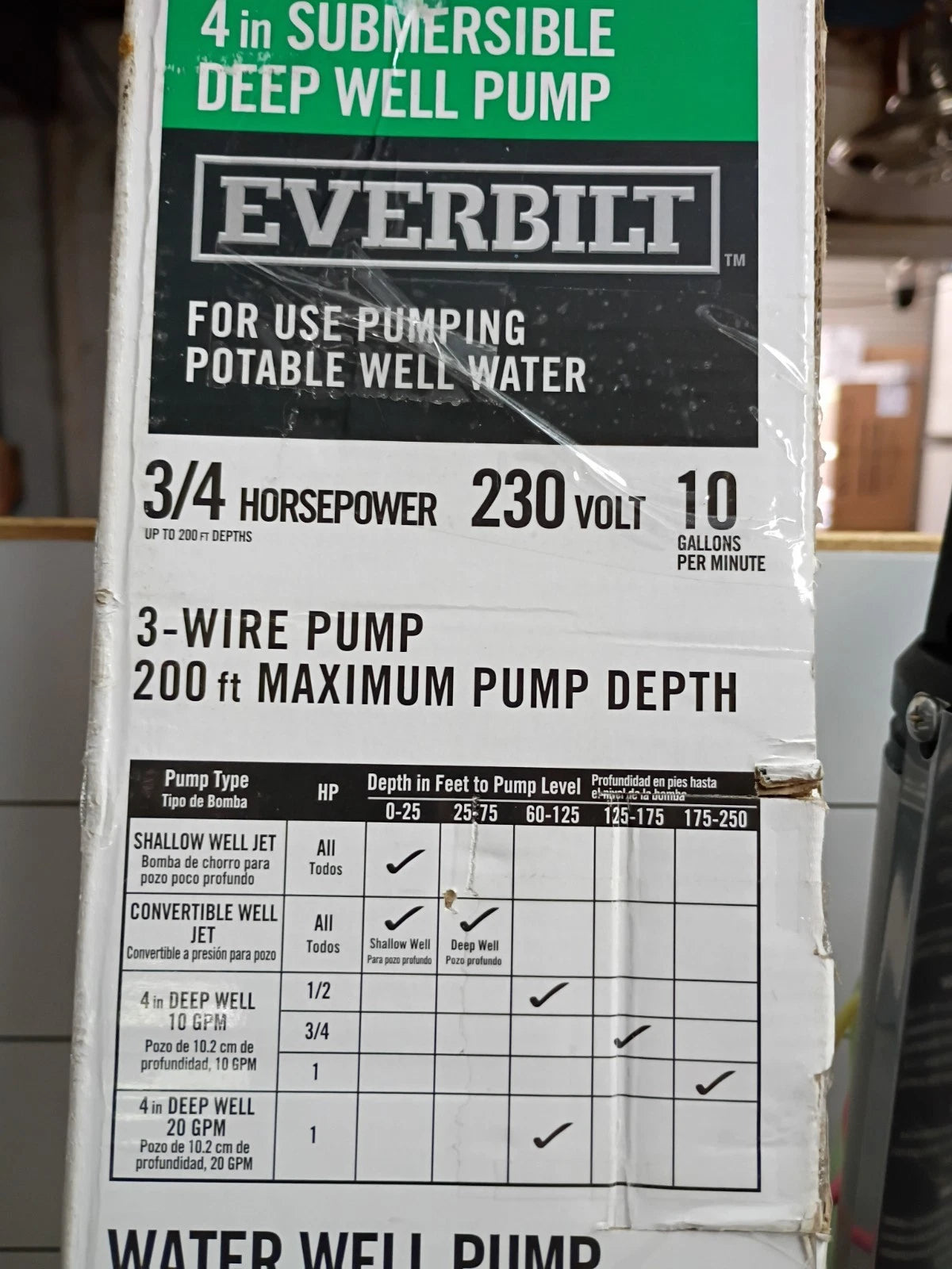 Everbilt EFSUB7-123HD, 3/4 HP Submersible 3 Wire 10 GPM Deep Well Water Pump, OB