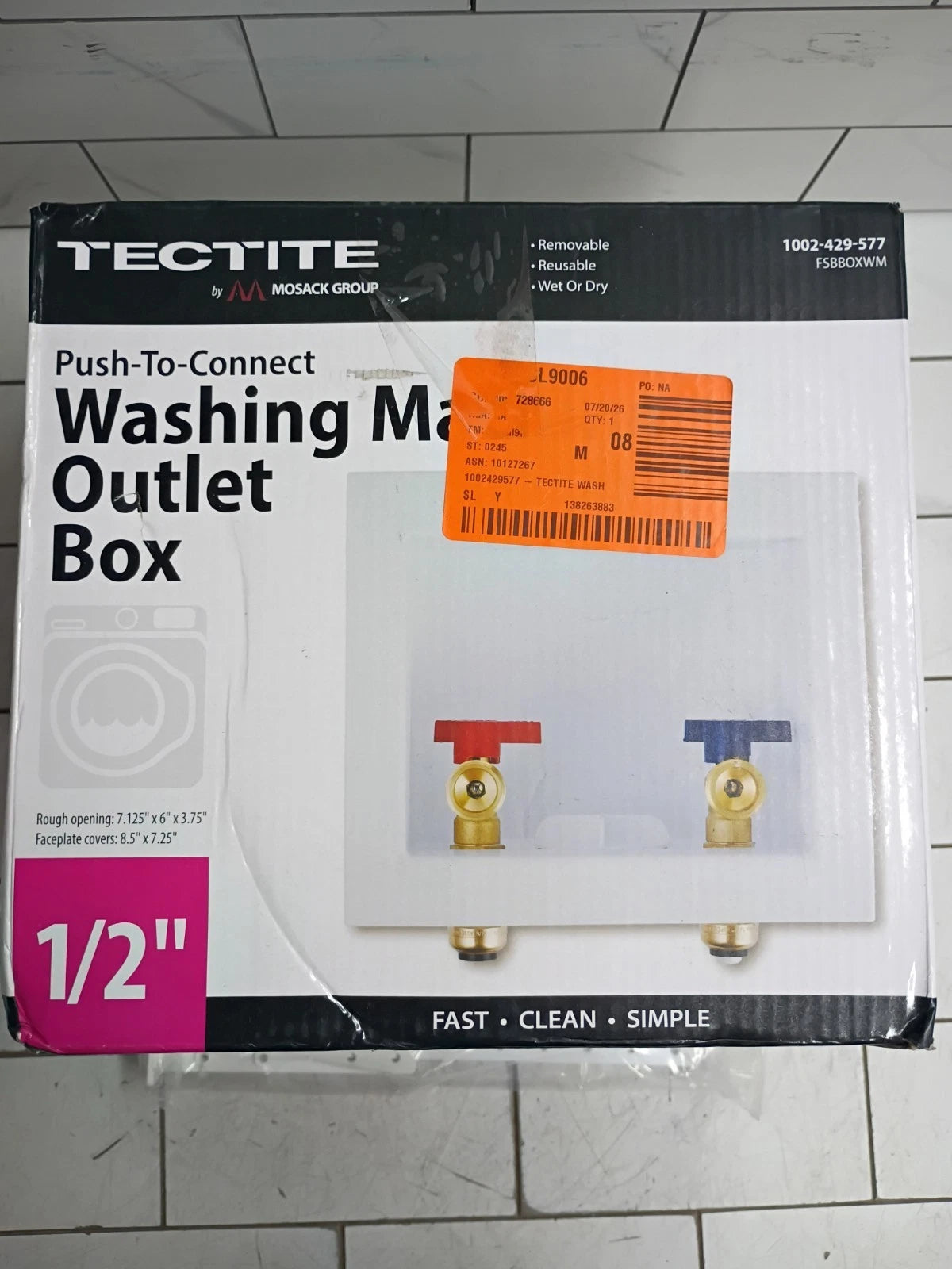 Tectite FSBBOXWM 1/2” Push-to-Connect Washing Machine Outlet Box 3/4” MHT