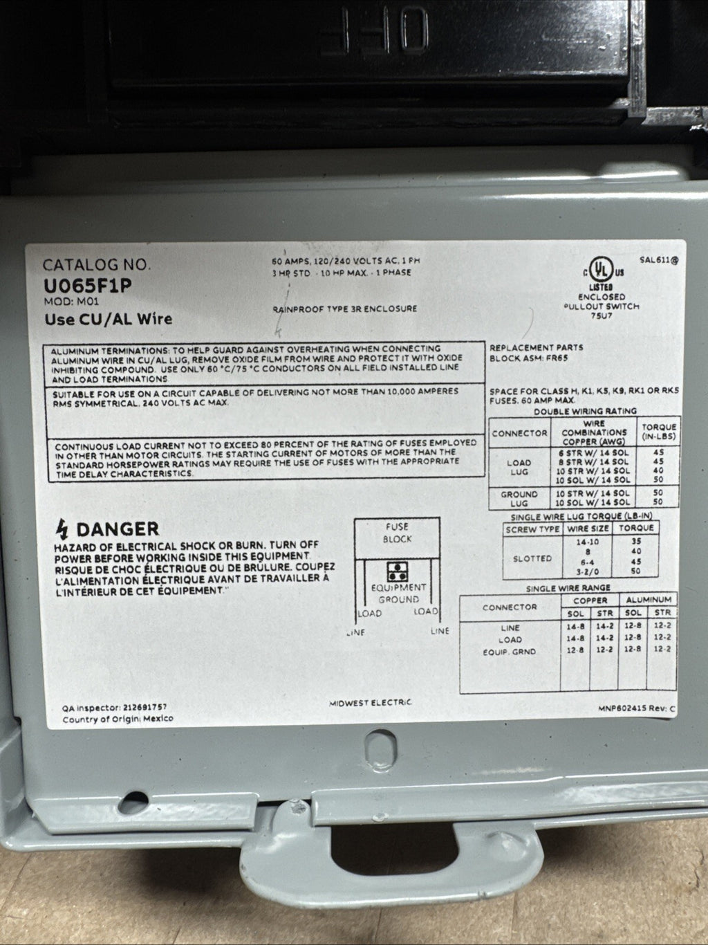 Midwest Electric Products 60 Amp 240 Volt Fused AC Disconnect Model U065F1P