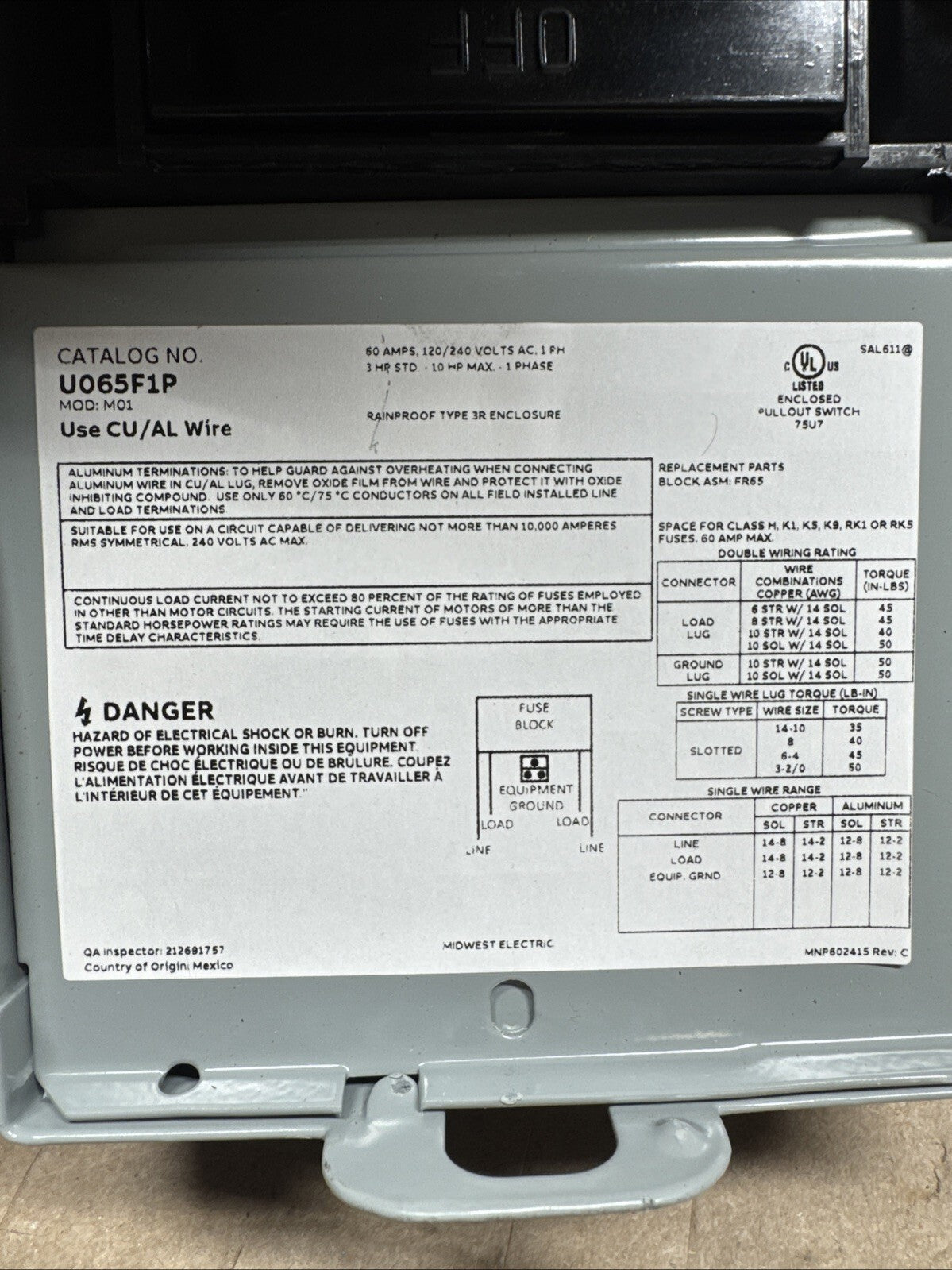 Midwest Electric Products 60 Amp 240 Volt Fused AC Disconnect Model U065F1P