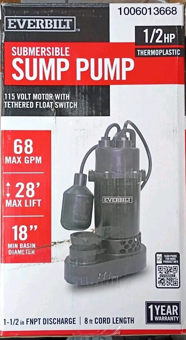 Everbilt 1/2 HP Corrosion Resistant Aluminum Sump Pump w/ Teather Float Switch.