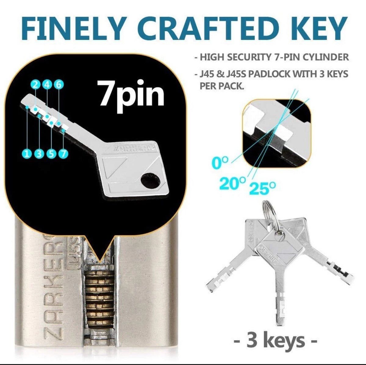 Zarker J45S keyed Padlock, Heavy Duty Stainless Steel Shackle Lock, 3 Keys, W...