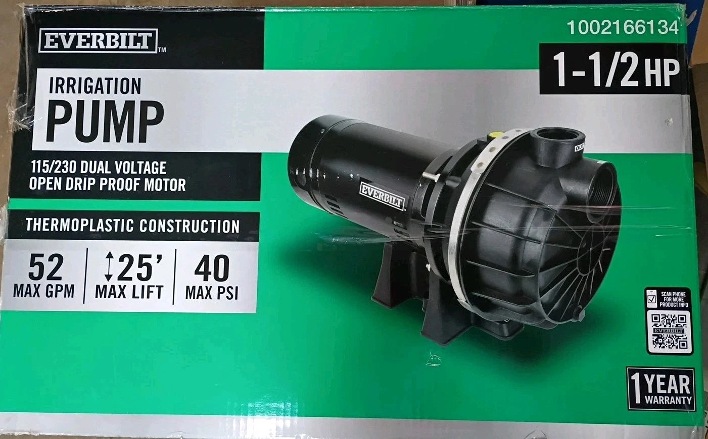 Everbilt HDLS15P Lawn Irrigation Pump Plastic 1-1/2HP 52 GPM 40 PSI NEW OPEN BOX