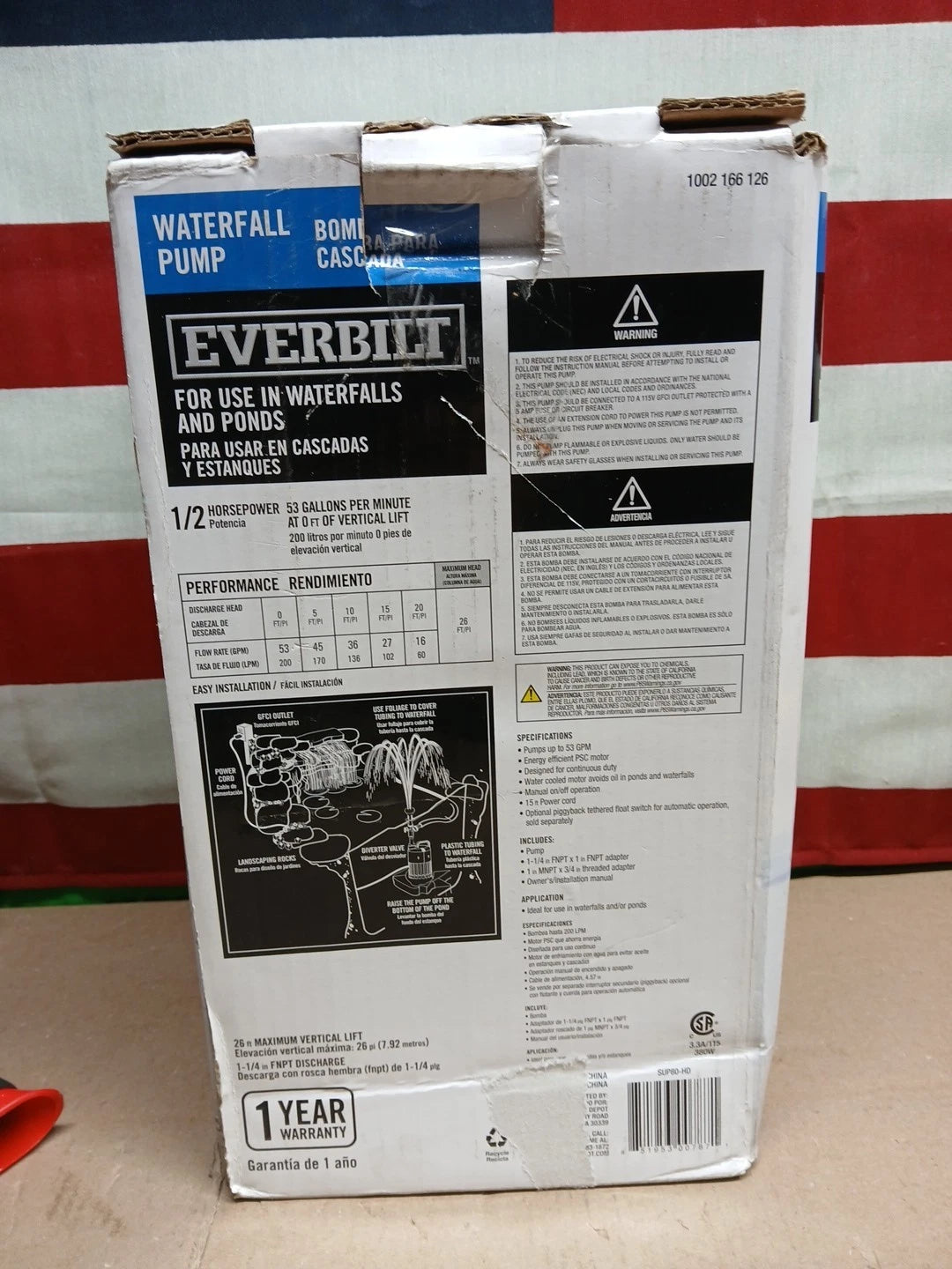 EVERBILT Waterfall & Pond Pump 1/2 HP 53 GPM 26 Ft Max Vertical Lift SUP80-HD..