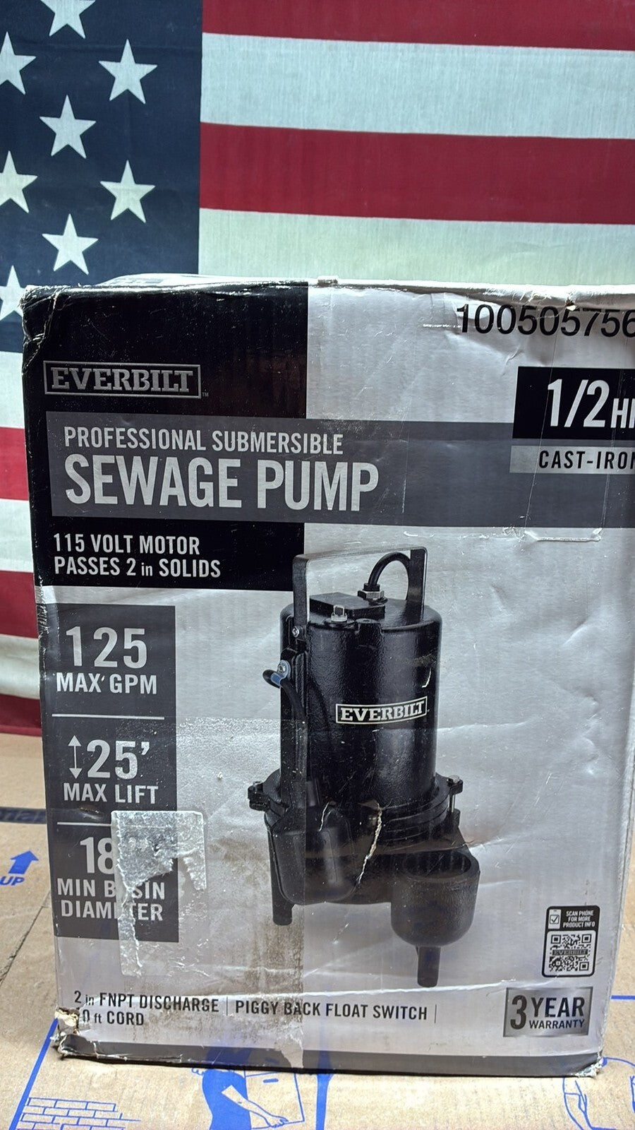 EVERBILT ESE50W-HD 1/2 HP 125GPM 115V Cast Iron submersible Sewage Ejector Pump