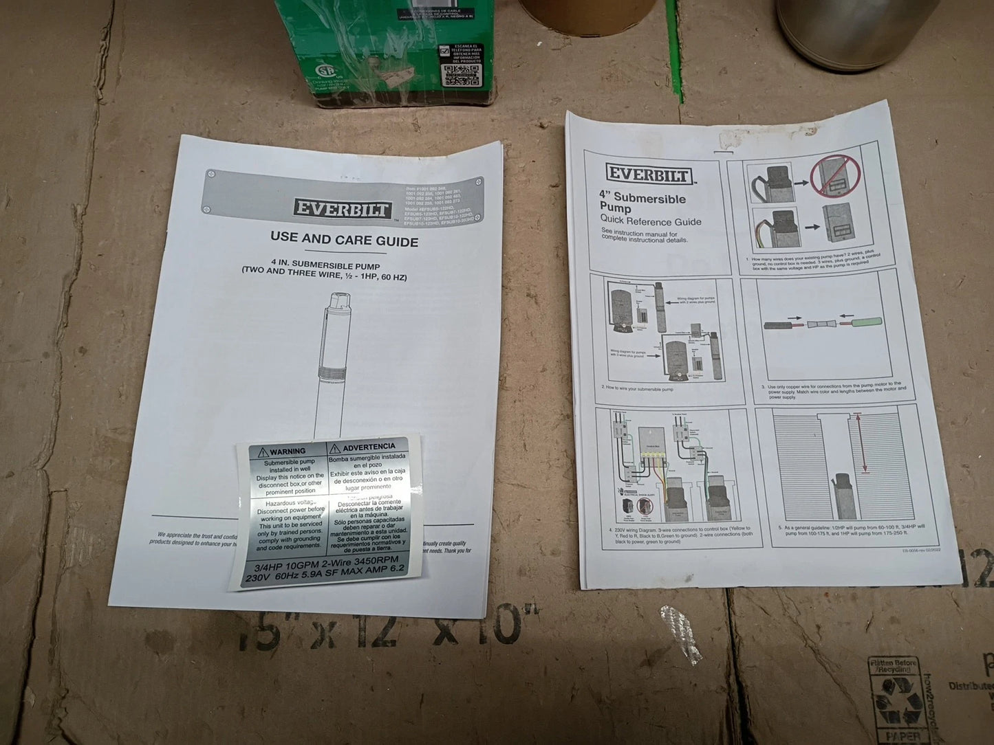Everbilt 1HP Submersible 3-Wire 20GPM Well Pump HDSUB10-203, OPEN BOX,