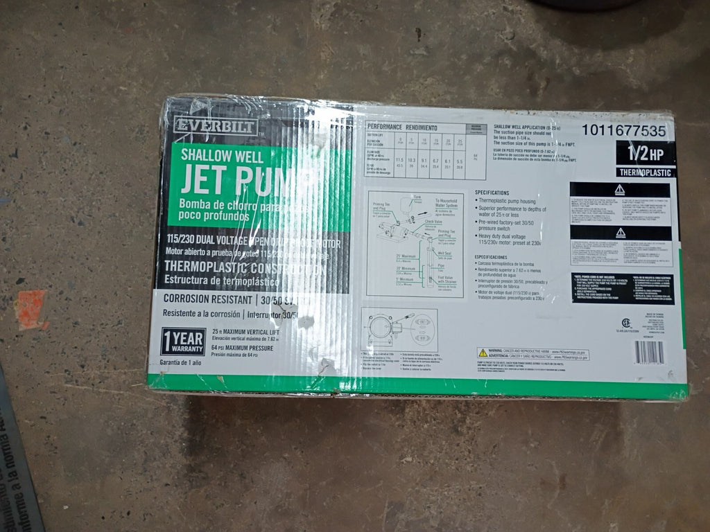 Everbilt HDSWJ5P 1/2 HP Plastic Shallow Well Jet Pump New Open Box