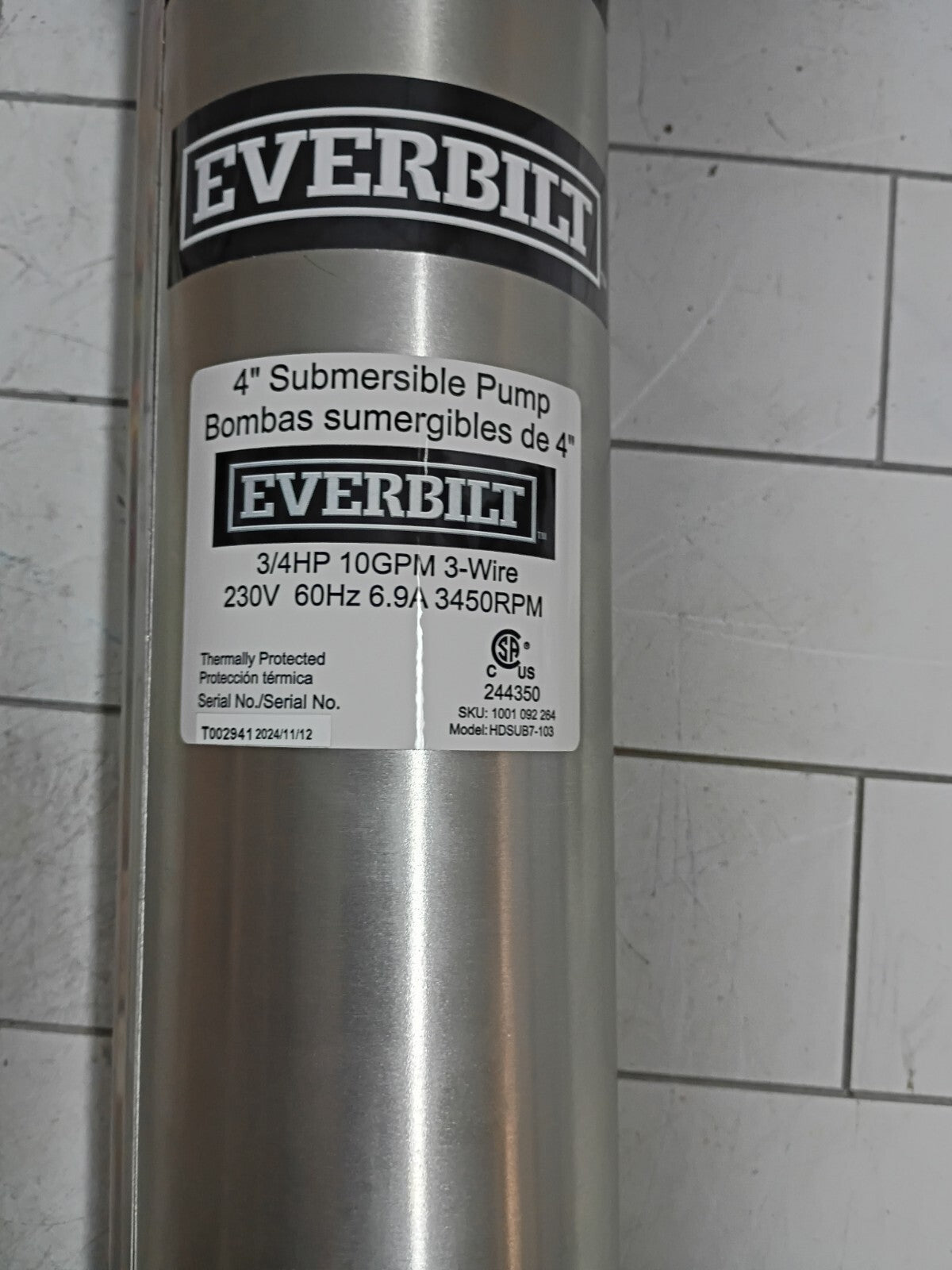EVERBILT 3/4 HP 4" 10GPM 3 WIRE SUBMERSIBLE DEEP WELL PUMP HDSUB7-103 Open Box