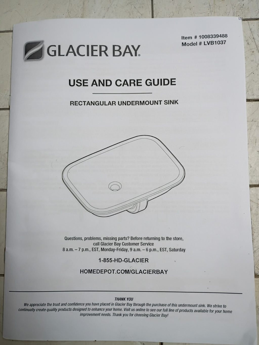 Glacier Bay Undermount Sink LVB1037 Rectangular Basin Open Box
