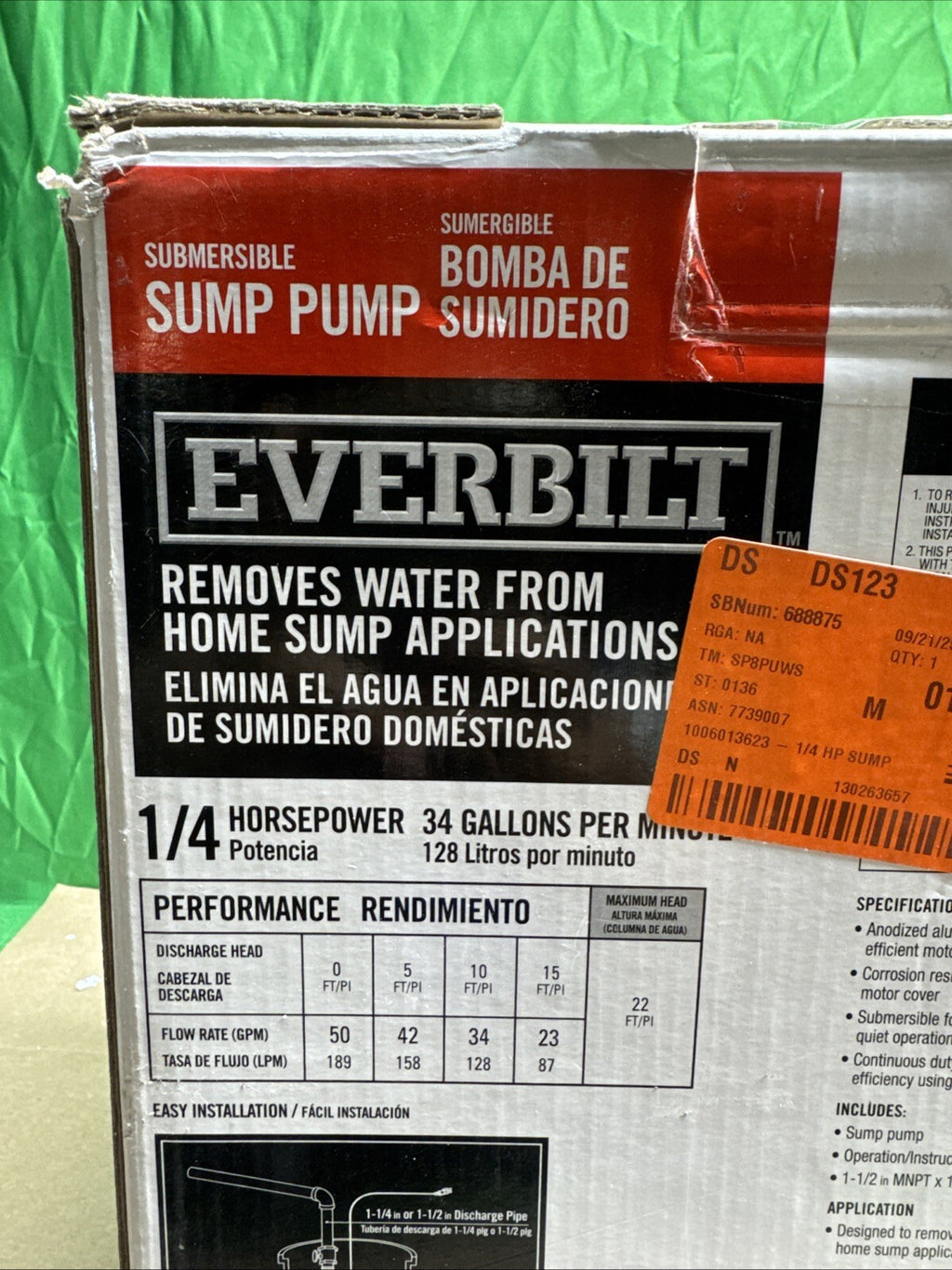Everbilt 1/4 HP Aluminum Sump Pump w/ Tether Float Switch HDSP25W NEW OPEN BOX.
