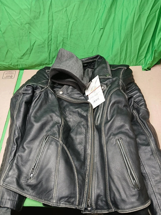 Milwaukee Leather MLL2516 Black Rub-Off Leather Jacket Detachable Hoodie Liner M