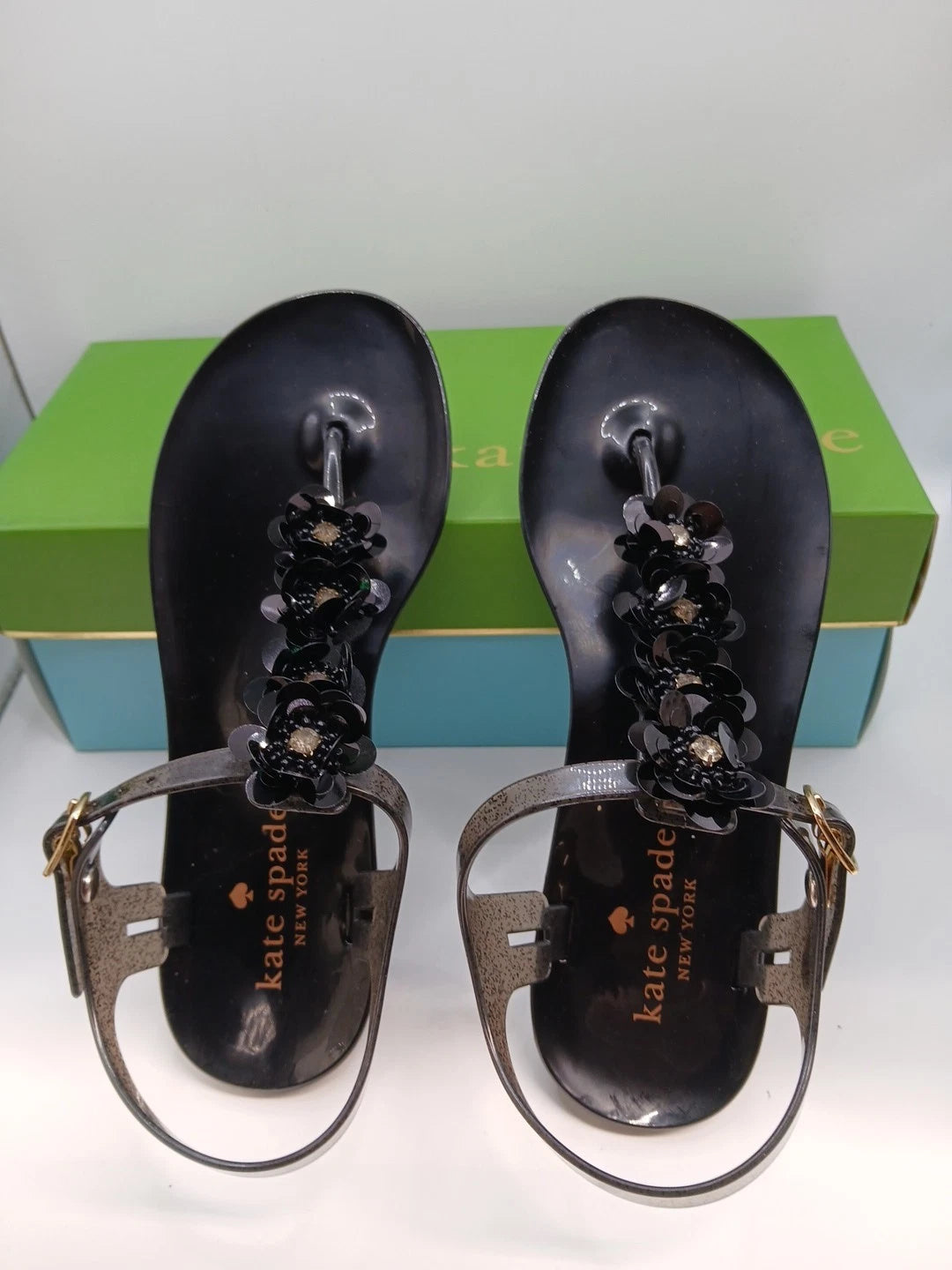 Kate Spade Black Sandals Women Size 5m Thong Style With Flower Detail
