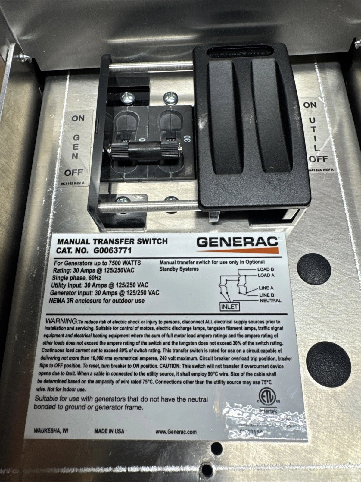 Generac Model#: G0063771 30-Amp 1-2 Circuit Manual Transfer SwitchBase