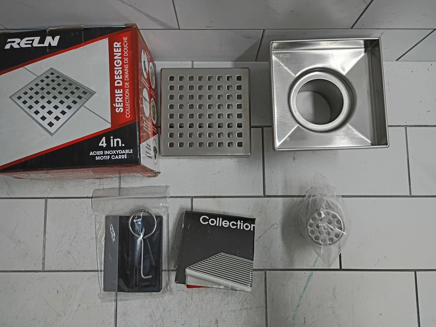 RELN FD0402SQSS 4" x 4" Stainless Steel Square Shower Drain, Square Pattern OB