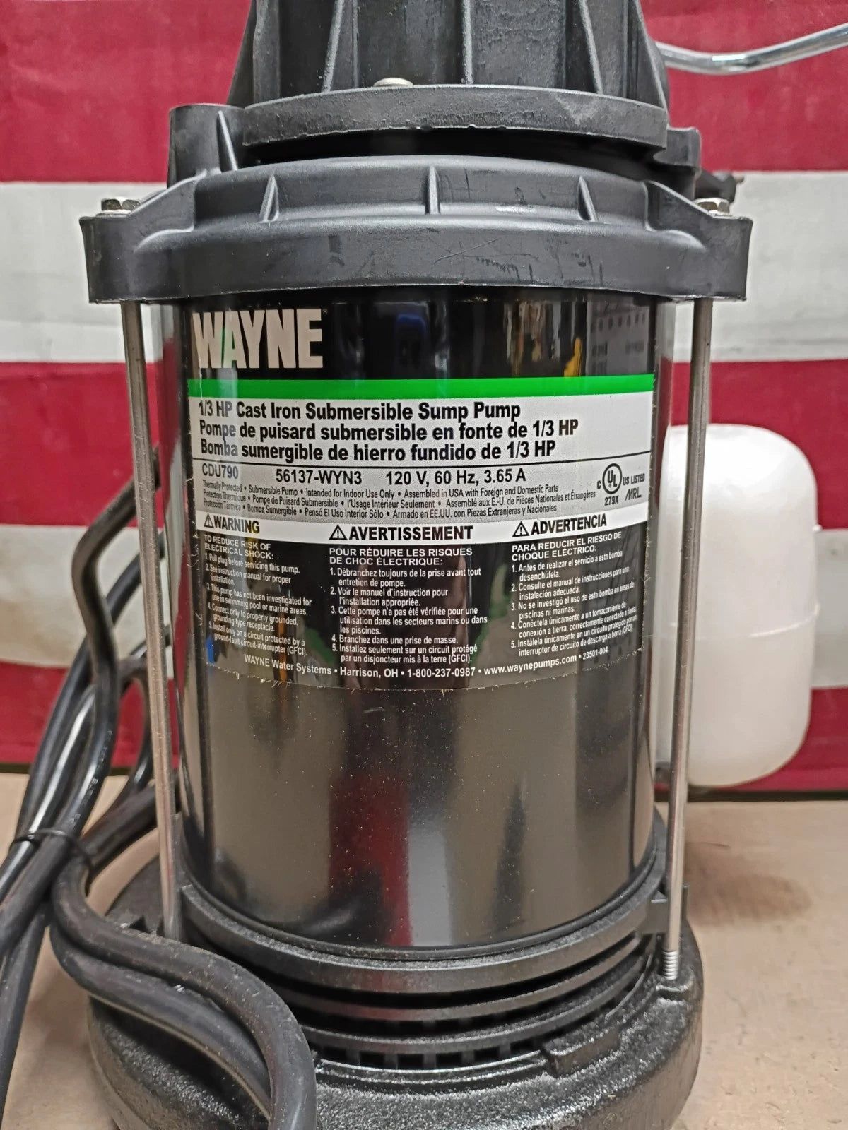 Wayne CDU790 1/3HP Submersible Sump Pump 4600 GPH Indoor Use Durable Design