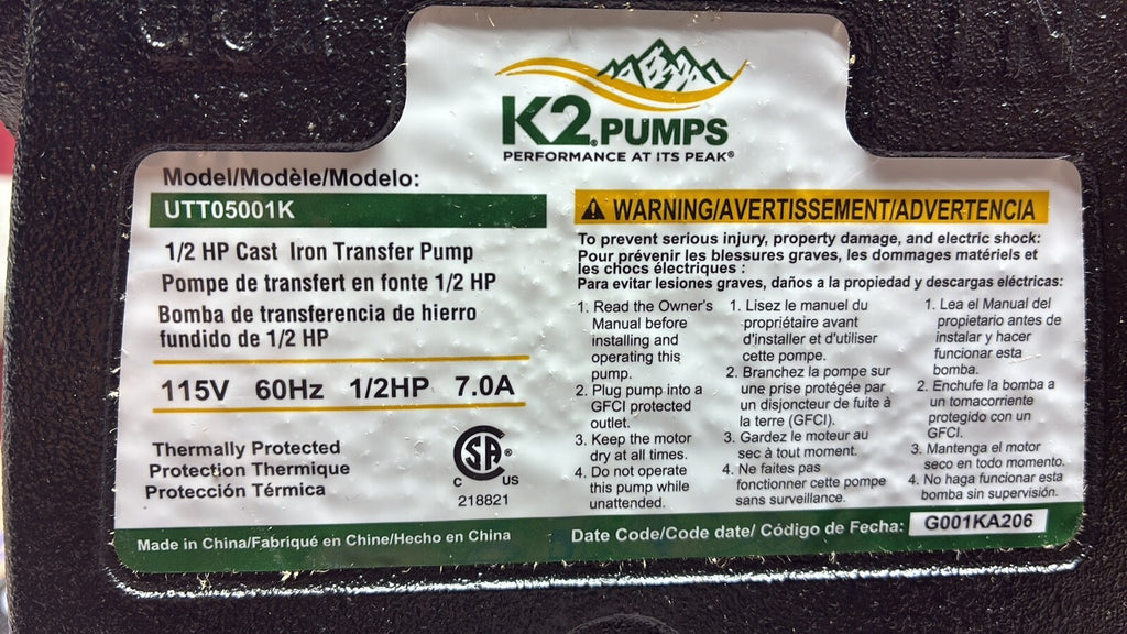K2 UTT05001K Pumps Utility Transfer Pump 1/2 Hp Cast Iron 7A 1500GPH OPEN BOX