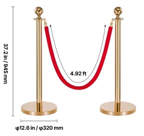 Uimoso 6-Piece Gold Stanchion Set with 6 Velvet Ropes, Hollow Base, Open Box