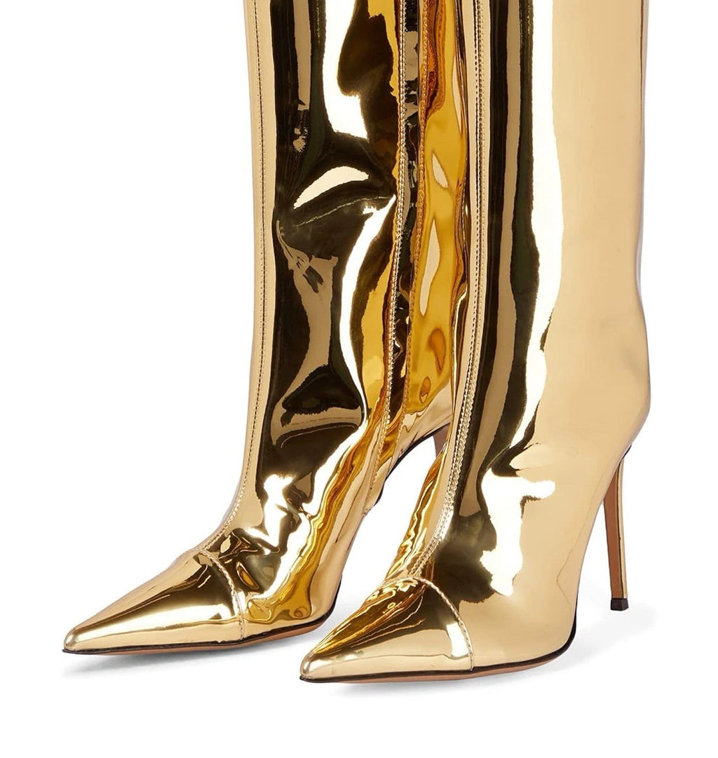 Arqa Women’s 9.5 Gold boot pointed toe stiletto heel knee high boot zipper