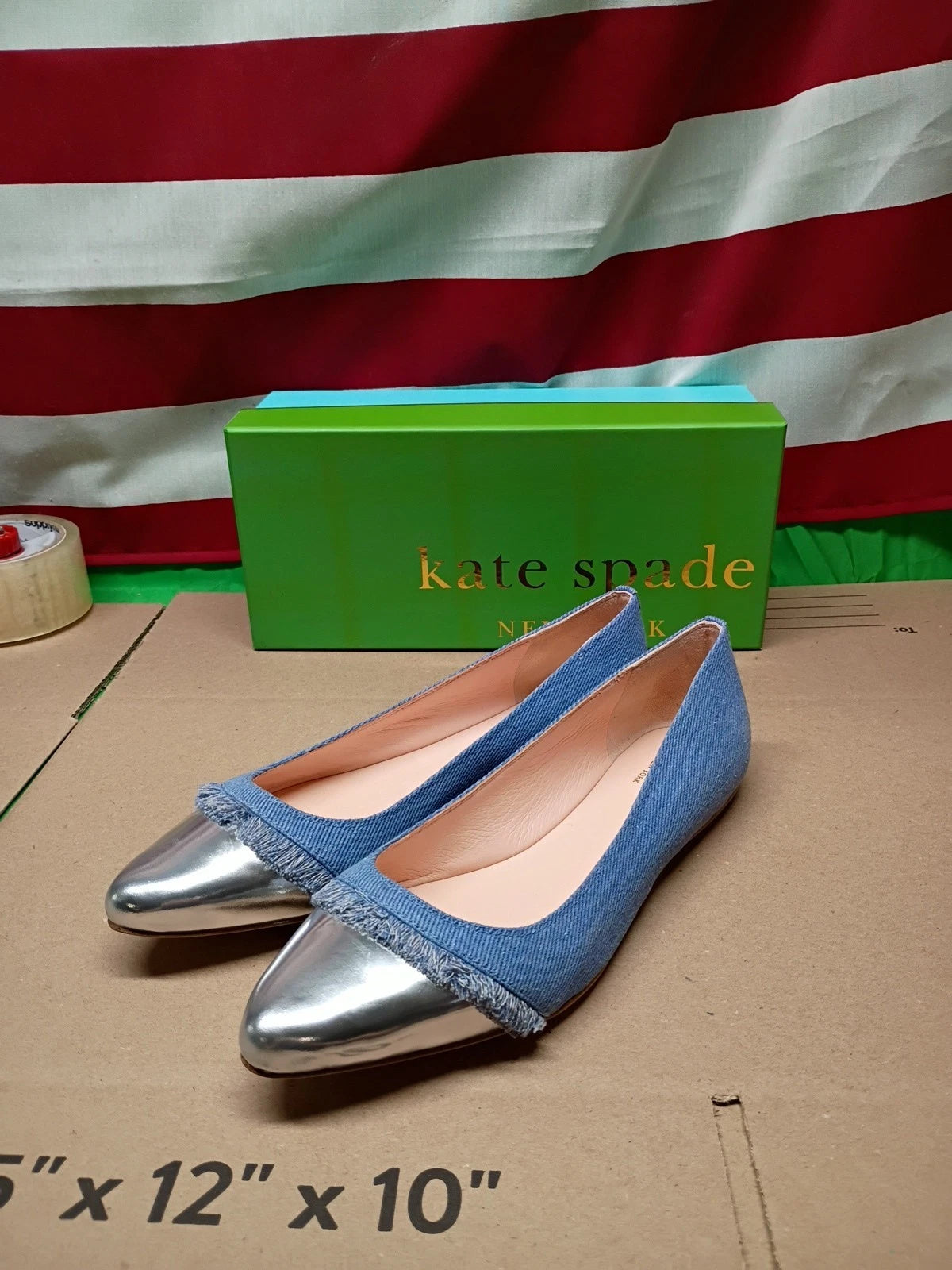 Kate Spade Nelly Denim Ballet Flats Silver Cap Toe Fringe Women 10M