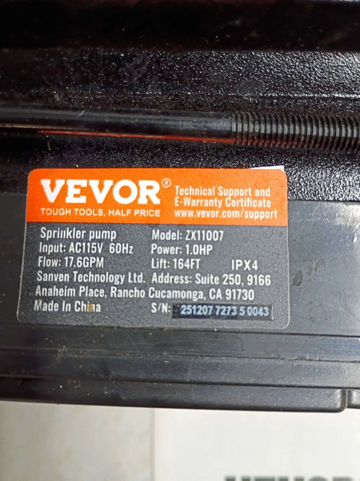 VEVOR ZX11007 1 HP Sprinkler Pump 16.6 GPM Max Flow 131' Max, Parts Only