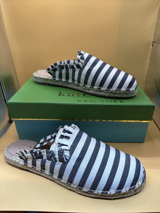 Kate Spade Stripe Espadrille Mules Size 10 Navy White Ruffled SlipOn Jute Resort