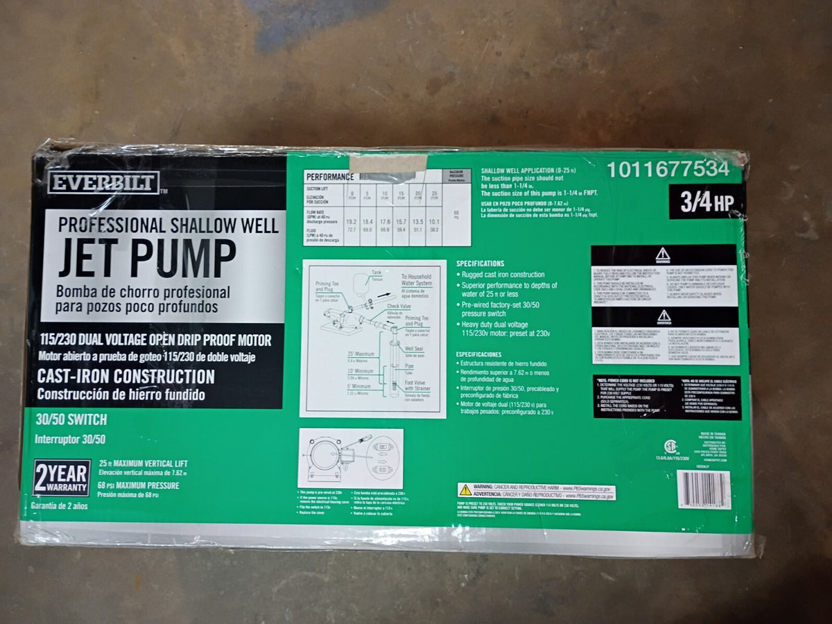 Everbilt HDSWJ7 3/4 HP Cast Iron Shallow Well Jet Pump *For Parts *