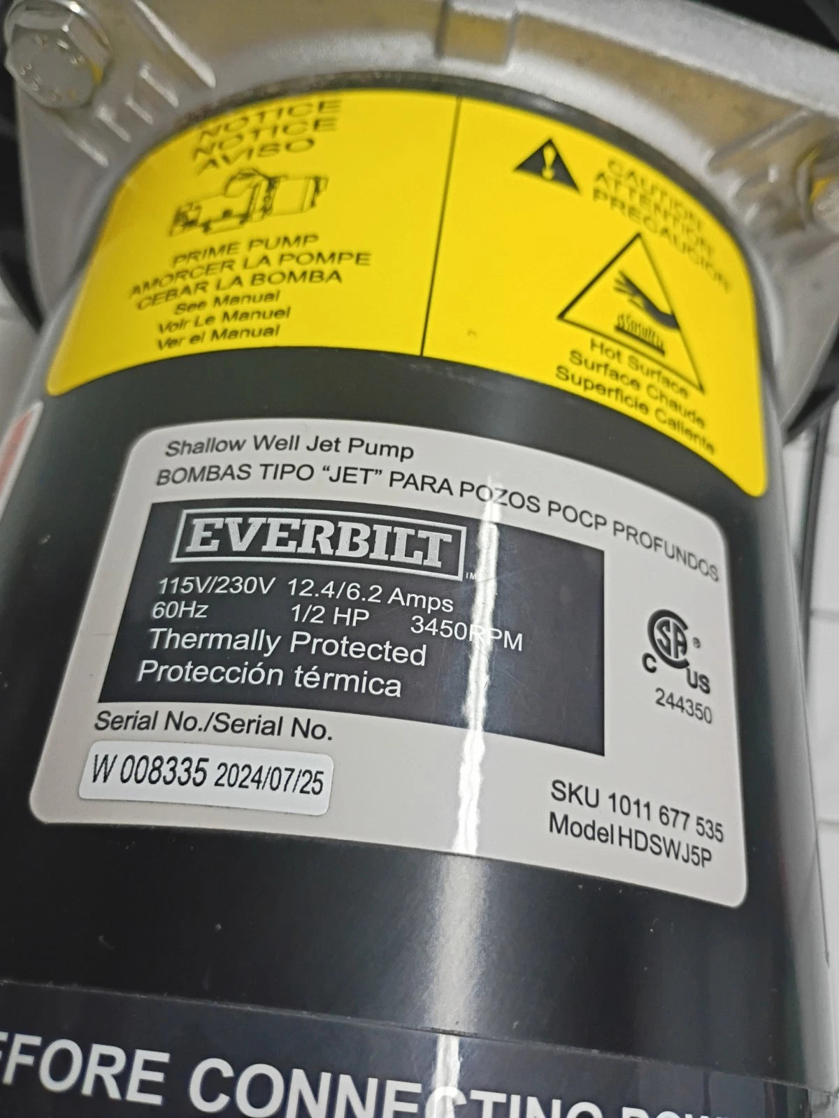 Everbilt HDSWH5P 1/2 HP Plastic Shallow Well Jet Pump New Open Box