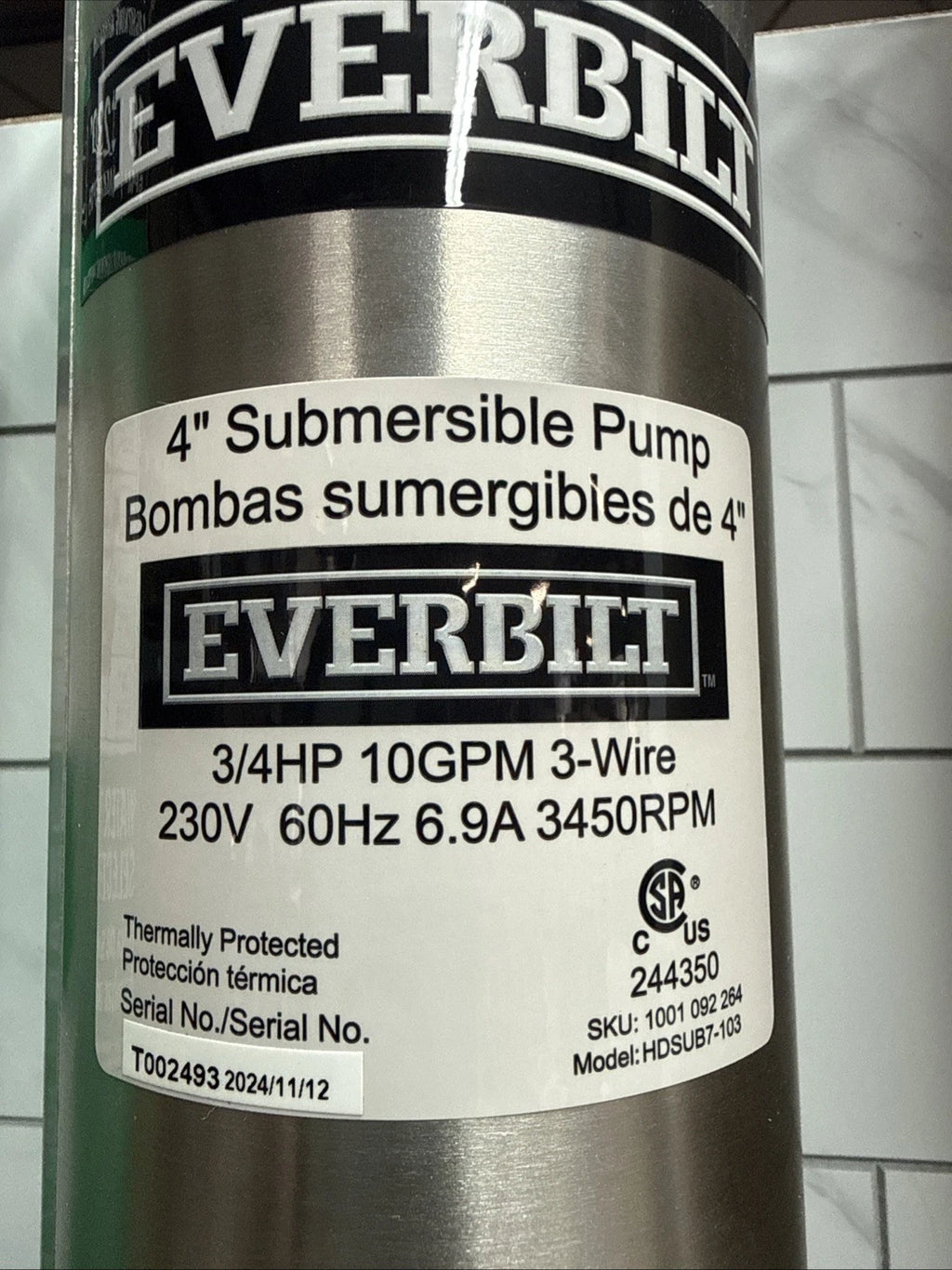 EVERBILT 3/4 HP 4" 10GPM 3 WIRE SUBMERSIBLE DEEP WELL PUMP HDSUB7-103 Open Box