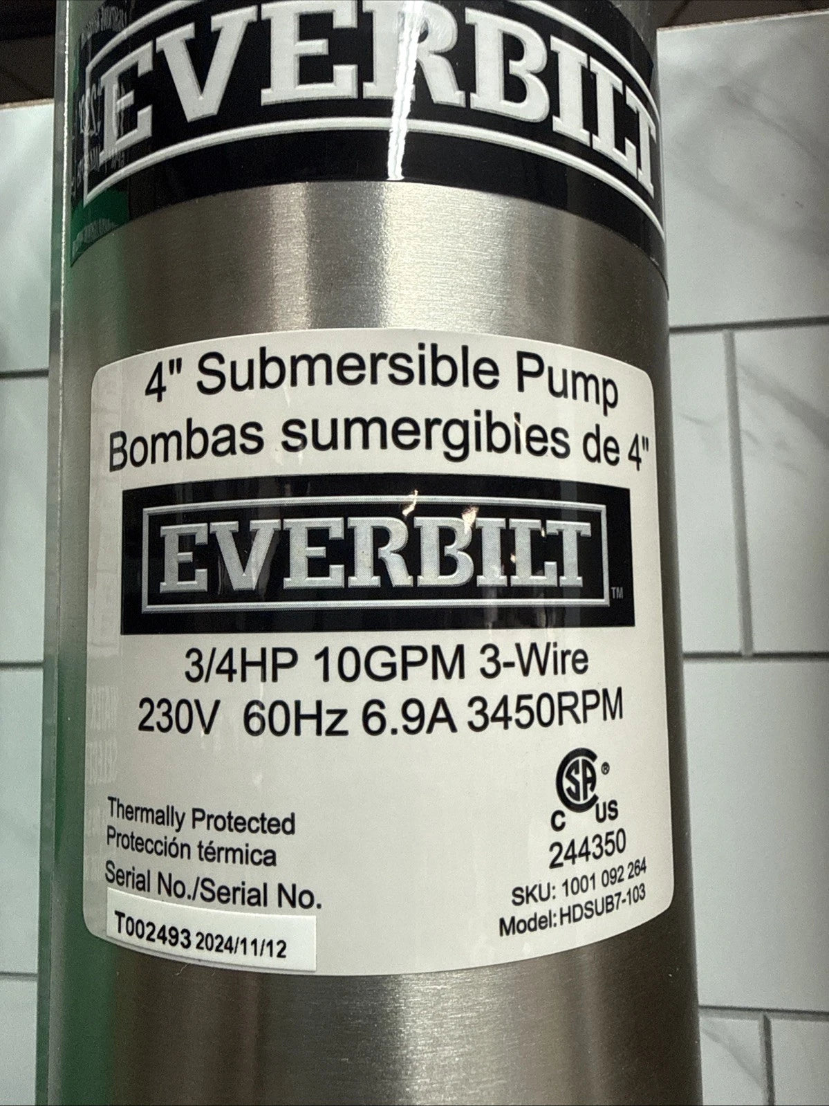 EVERBILT 3/4 HP 4" 10GPM 3 WIRE SUBMERSIBLE DEEP WELL PUMP HDSUB7-103 Open Box