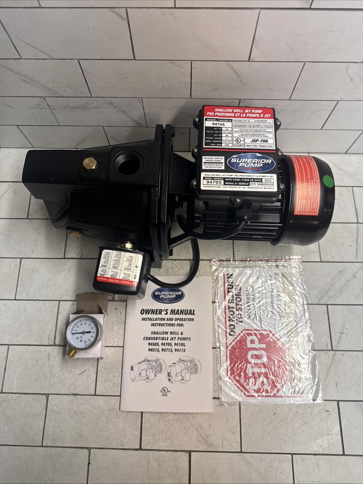 Superior Pump 94705, 3/4HP Shallow Well Jet Pump 115/230V CAST IRON OPEN BOX