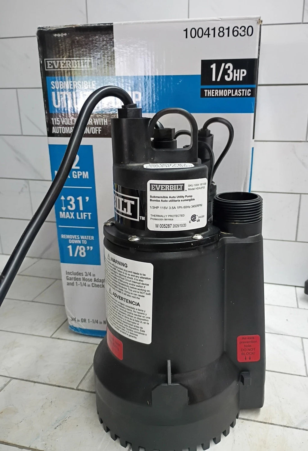 Everbilt 1/3 HP Automatic Utility Pump HDAUP33- Automatic On/Off -NEW Open Box