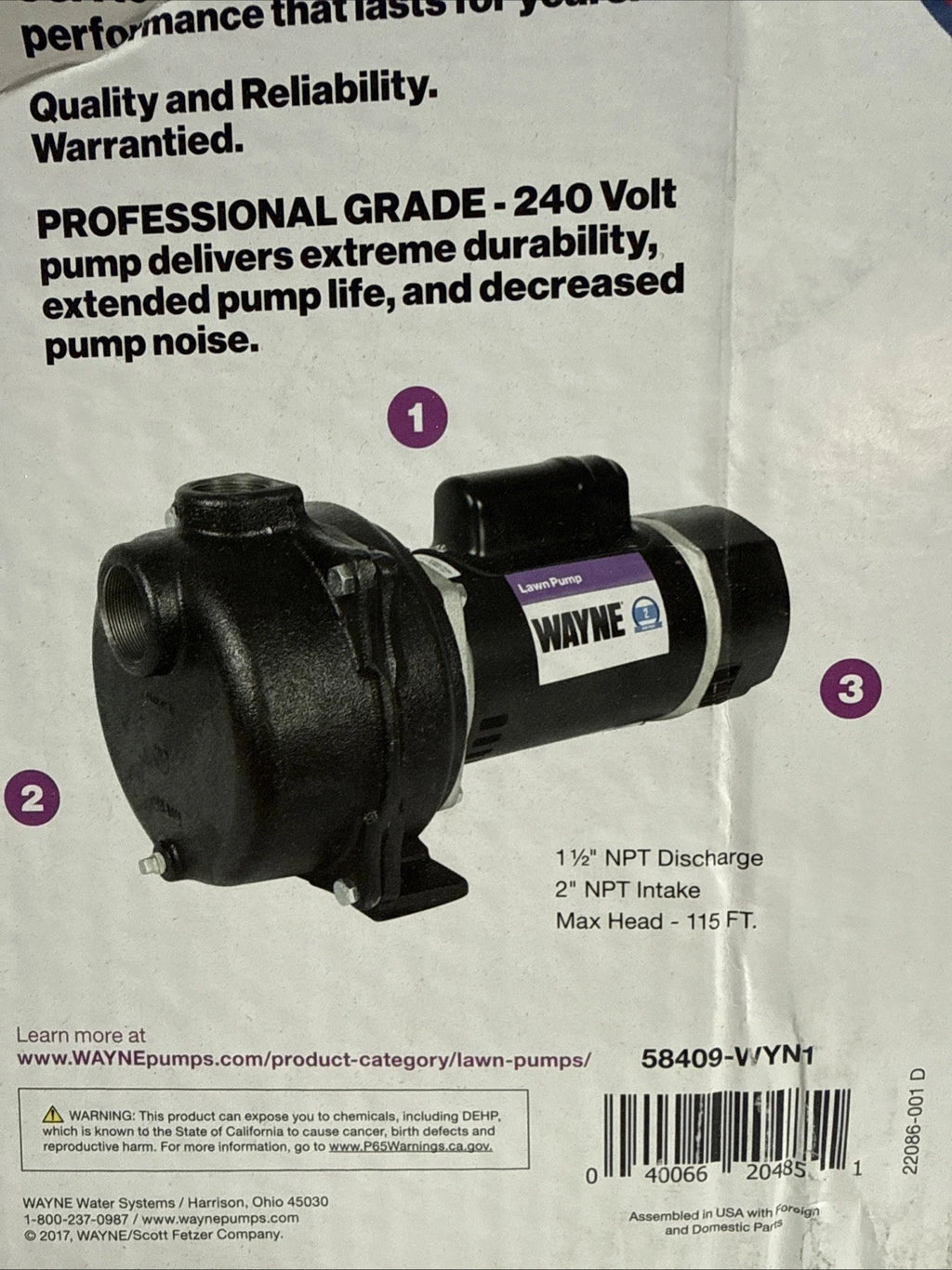 Wayne 58409-WYN1, 2 HP Permanent Lawn Irrigation Sprinkler Pump Open Box,