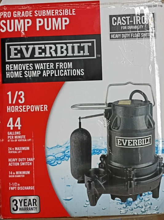 Everbilt 1000041119 1/3 HP Cast Iron Submersible Sump Pump Used.