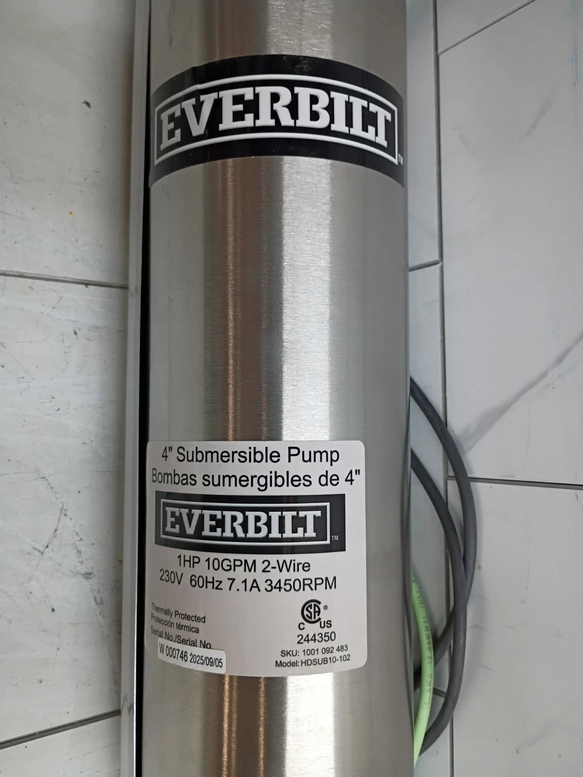 EVERBILT 1 HP HDSUB10-102 Deep Well Pump 4” Submersible 10 GPM 2 Wire 310’ OB