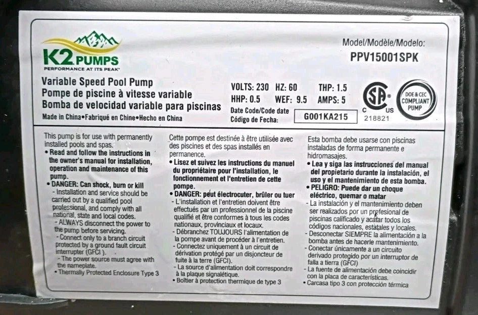 K2 Pumps Pool Pump 1.5 Hp Variable Speed 230 Volt Doe & Cec Compliant PARTS ONLY