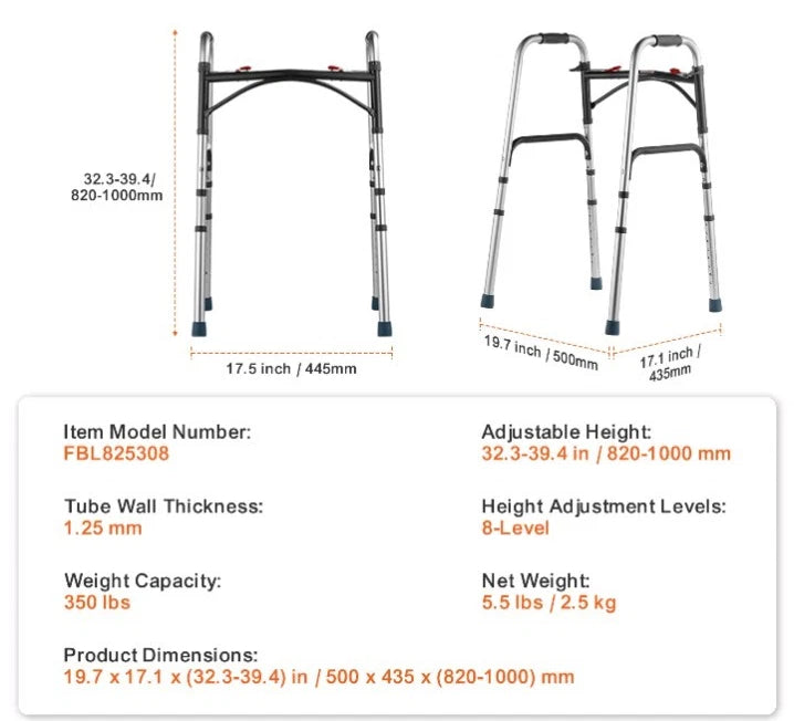 VEVOR Folding Walker Aluminum Mobility Walker Aid with Adjustable Height OB