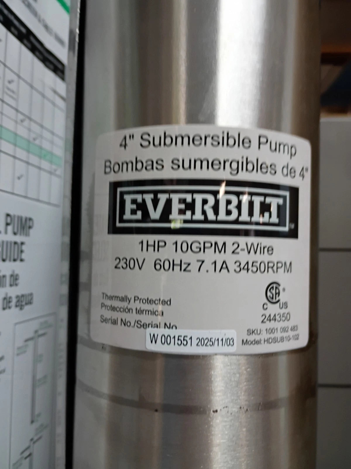 EVERBILT 1 HP HDSUB10-102 Deep Well Pump 4” Submersible 10 GPM 2 Wire 310’ OB