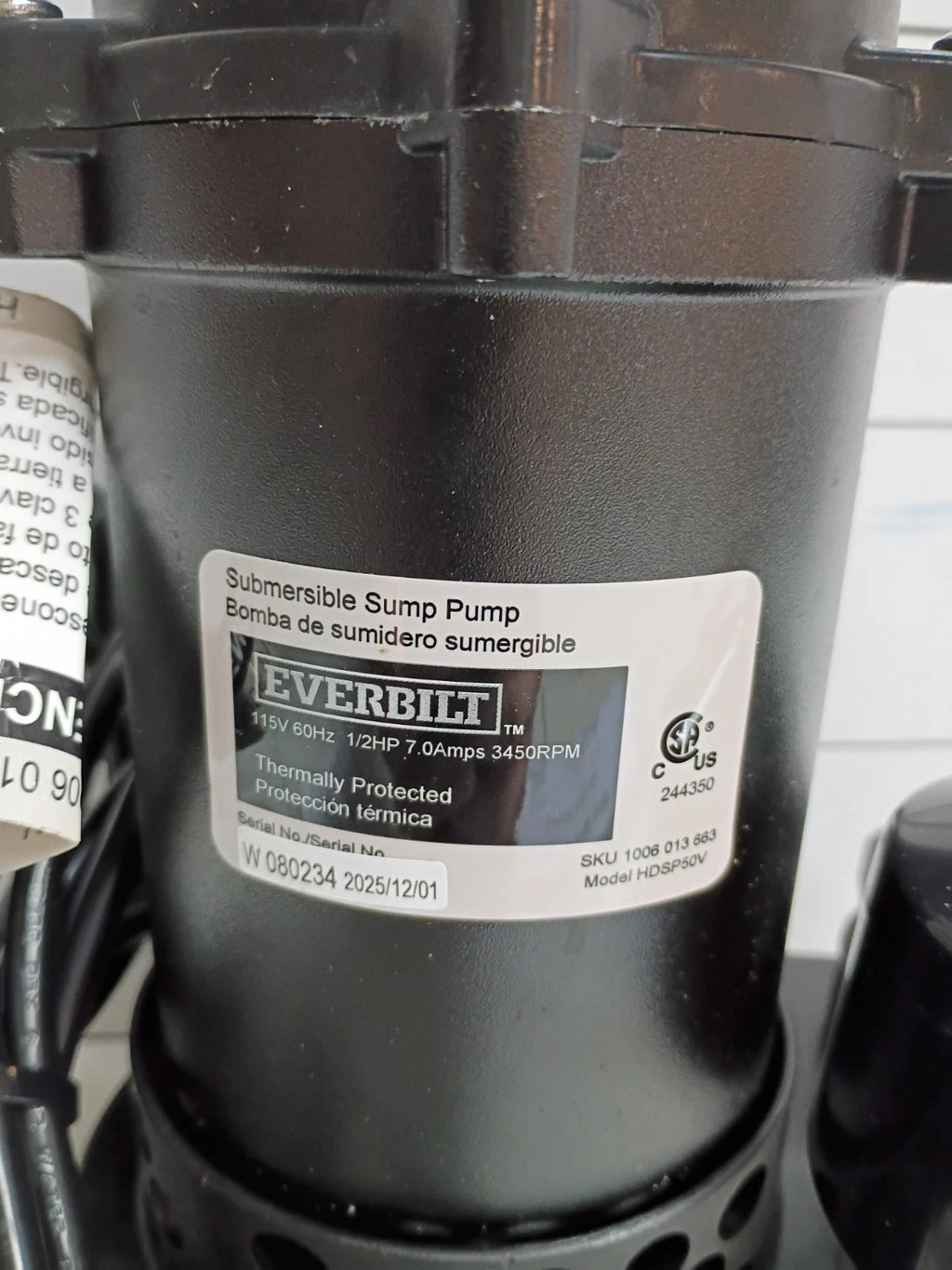 Everbilt HDSP50V 1/2 HP Submersible Sump Pump Thermoplastic Vertical , Open Box.
