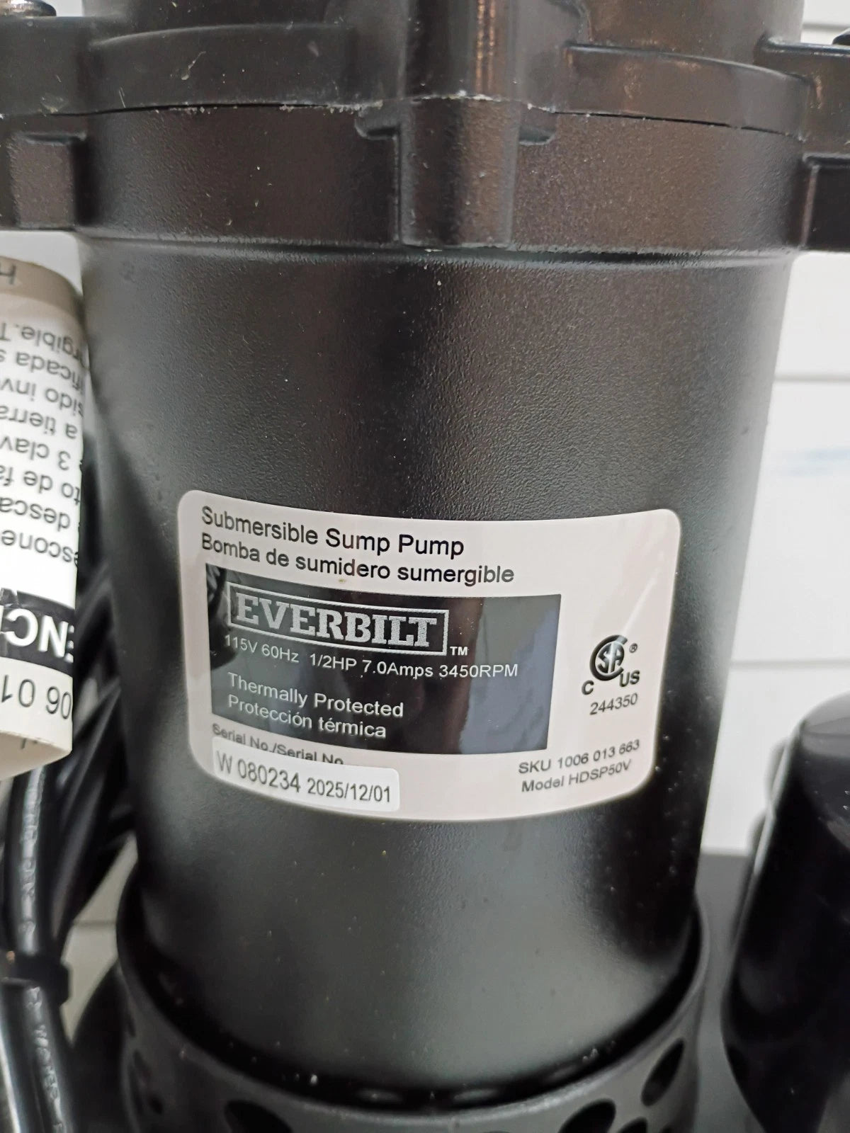 Everbilt HDSP50V 1/2 HP Submersible Sump Pump Thermoplastic Vertical , Open Box.