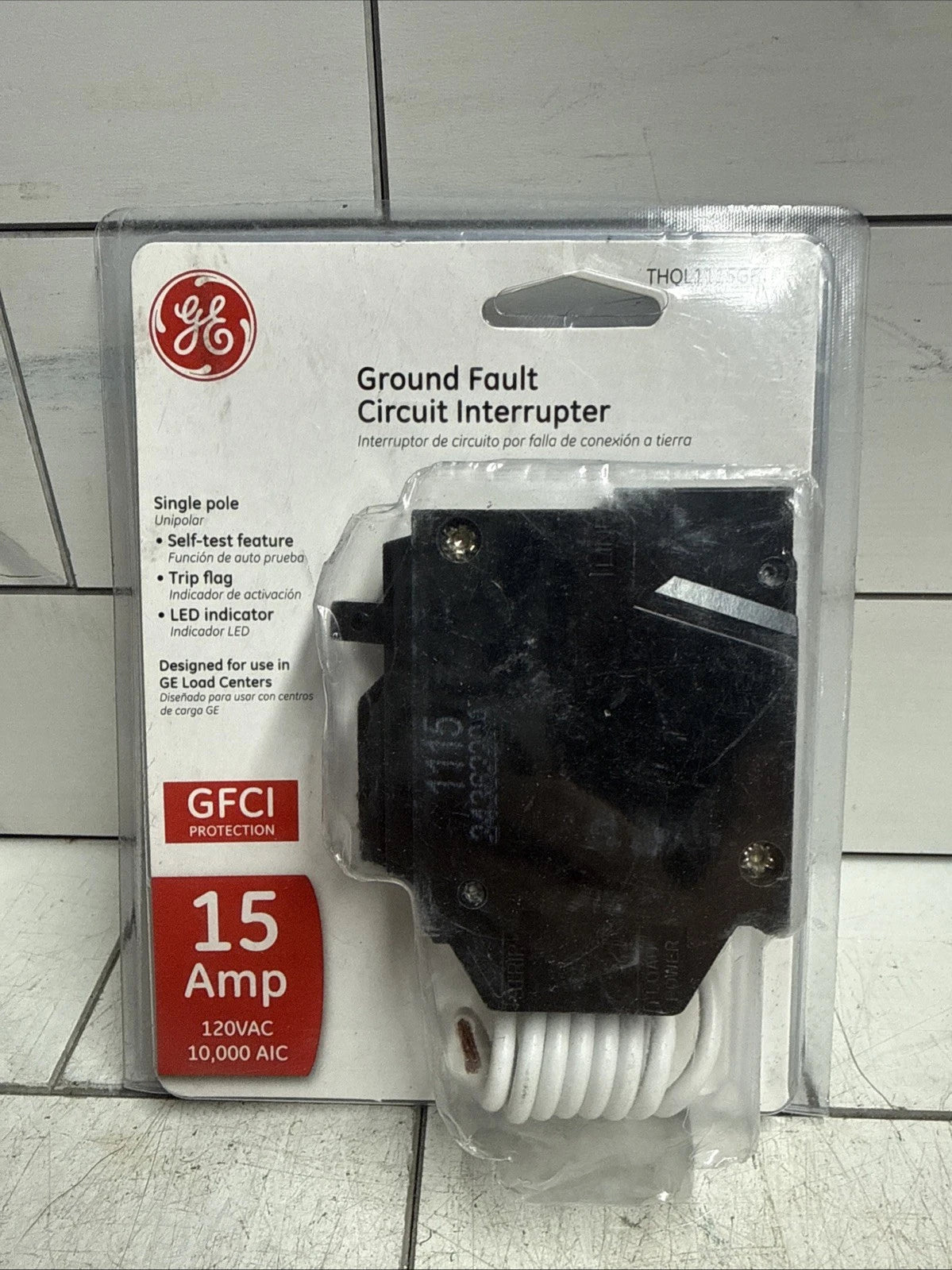 GE 15 Amp Single Pole Ground Fault Breaker with Self-Test (THQL1115GFTP)