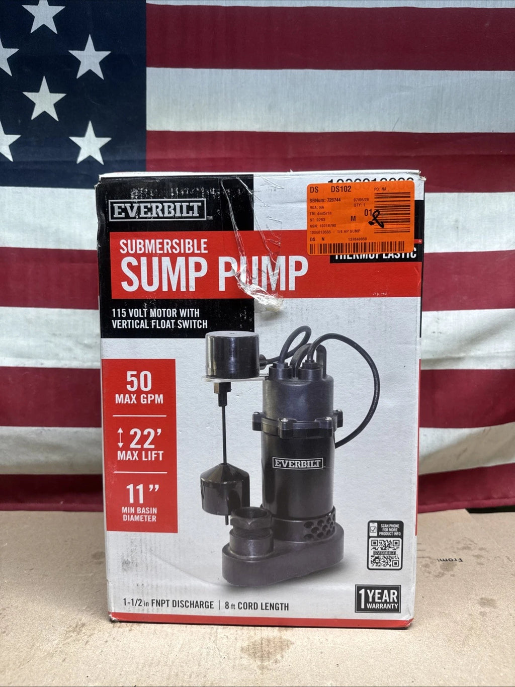 Everbilt HDSP25V 1/4 HP Aluminum Submersible Sump Pump Vertical Switch Open Box